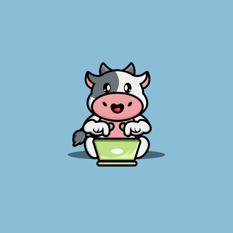 Cute cow operating laptop cartoon vector illustration