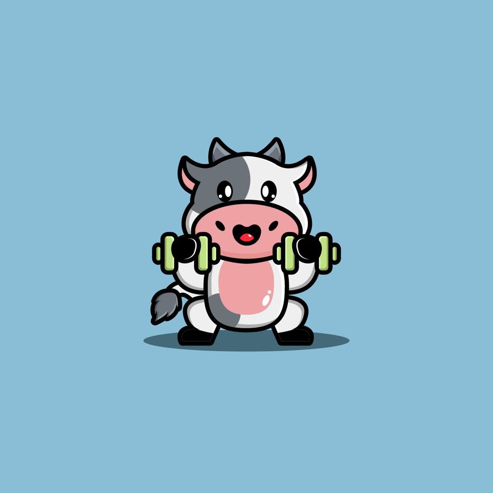 Cute cow lifting dumbbell cartoon vector illustration