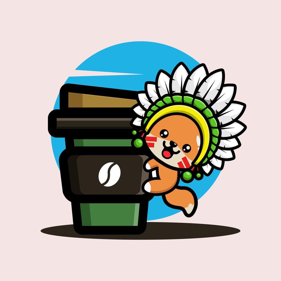 Cute indian chief fox hug coffee cup cartoon vector