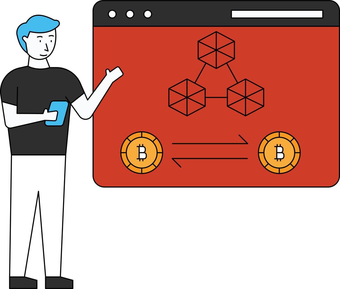 The boy is working on a bitcoin web page. vector