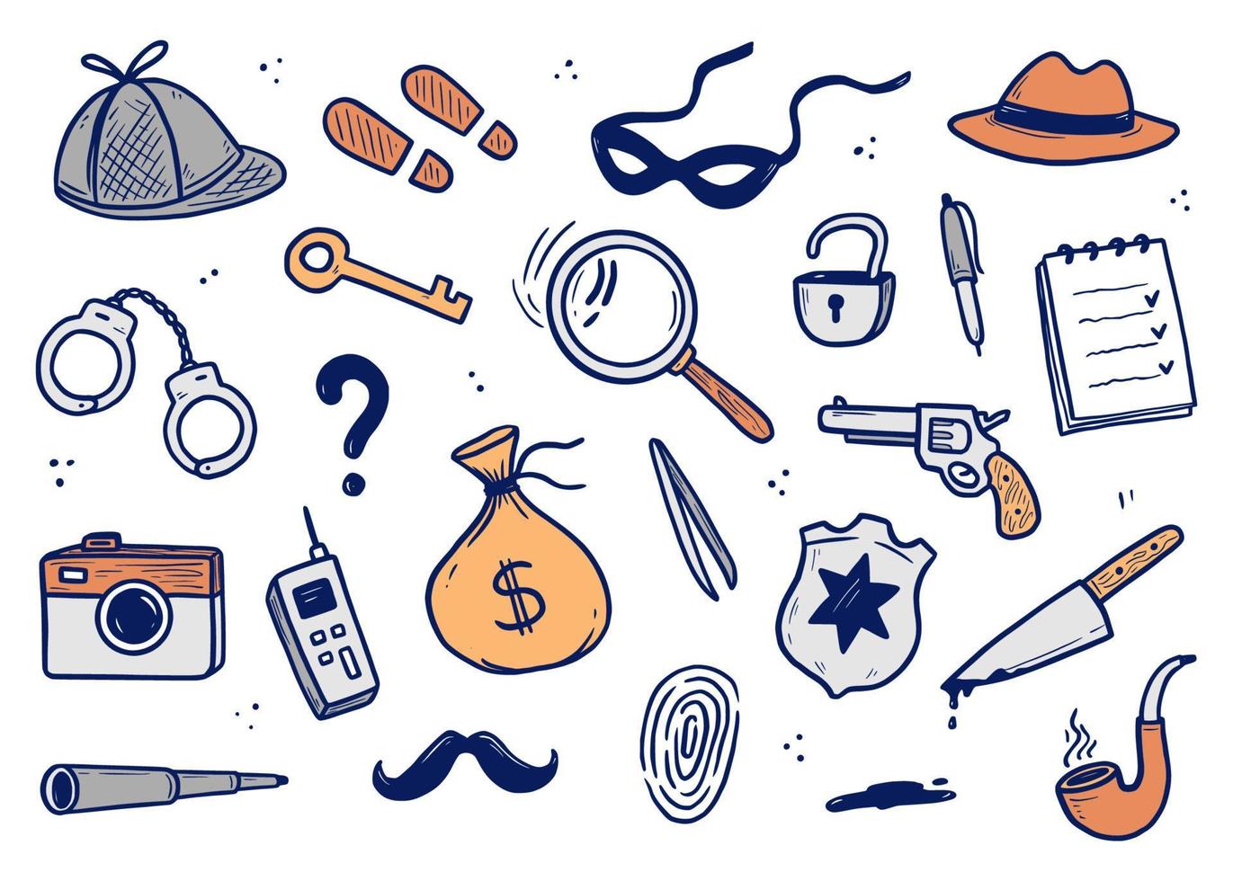 Detective doodle set. Hand drawn sketch vector