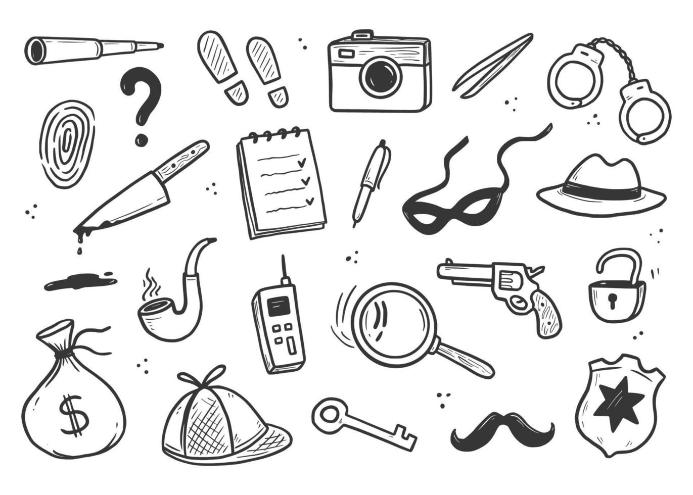 Detective doodle set. Hand drawn sketch vector