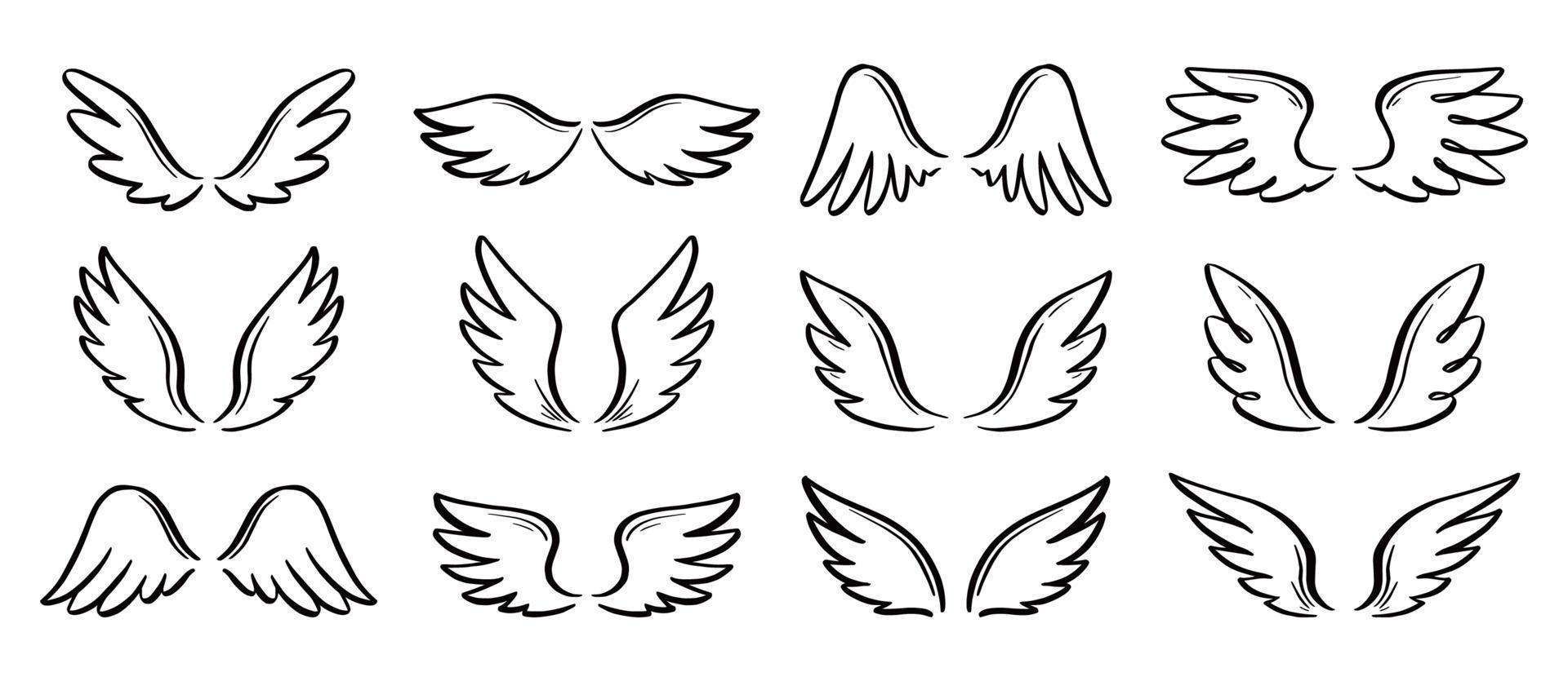 Angel doodle wing set. Hand drawn vector