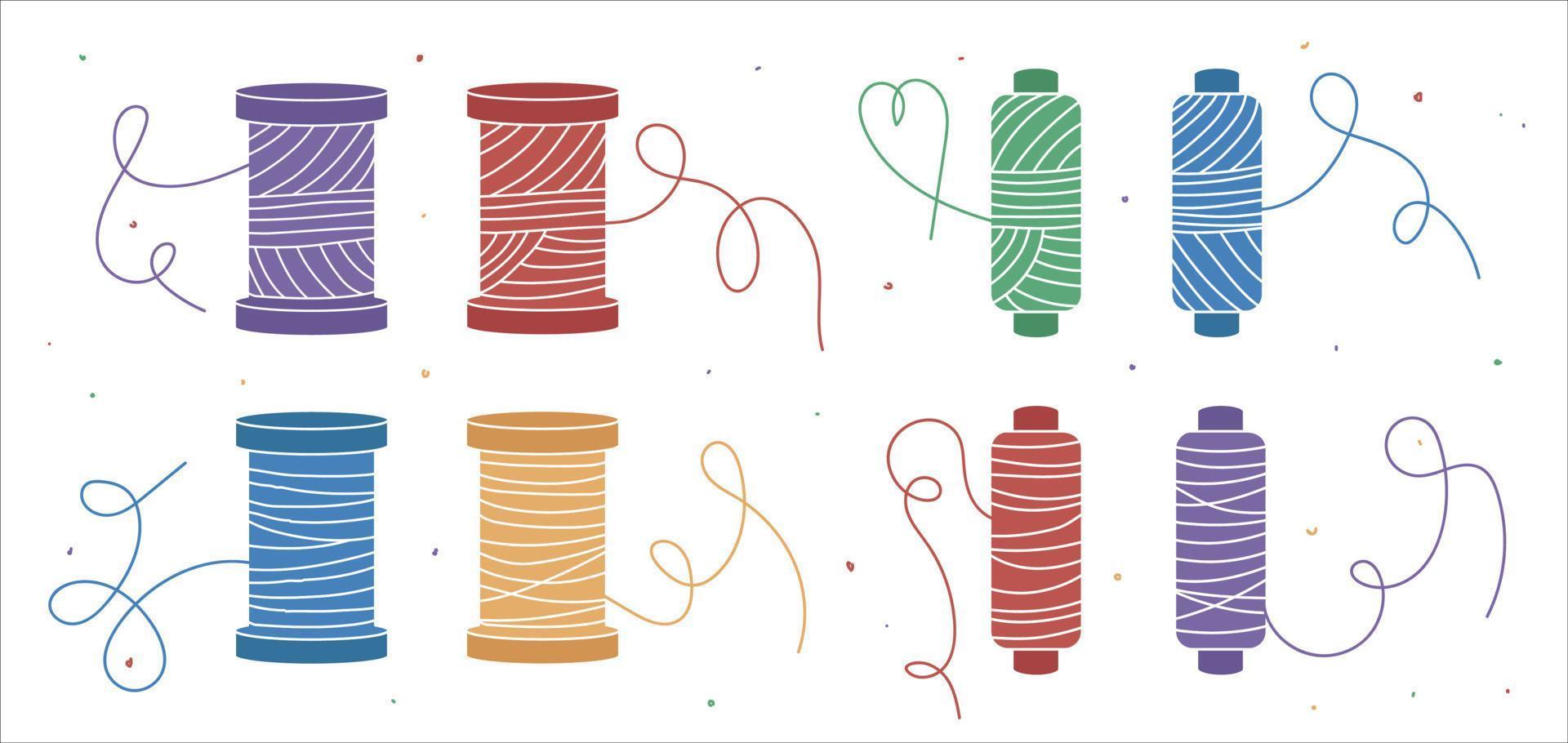 Set of different colourful icons with threads on bobbin, spool of thread, floss. Perfect for tailors, sewers, dressmakers. Vector flat illustration. Isolated on white bg.