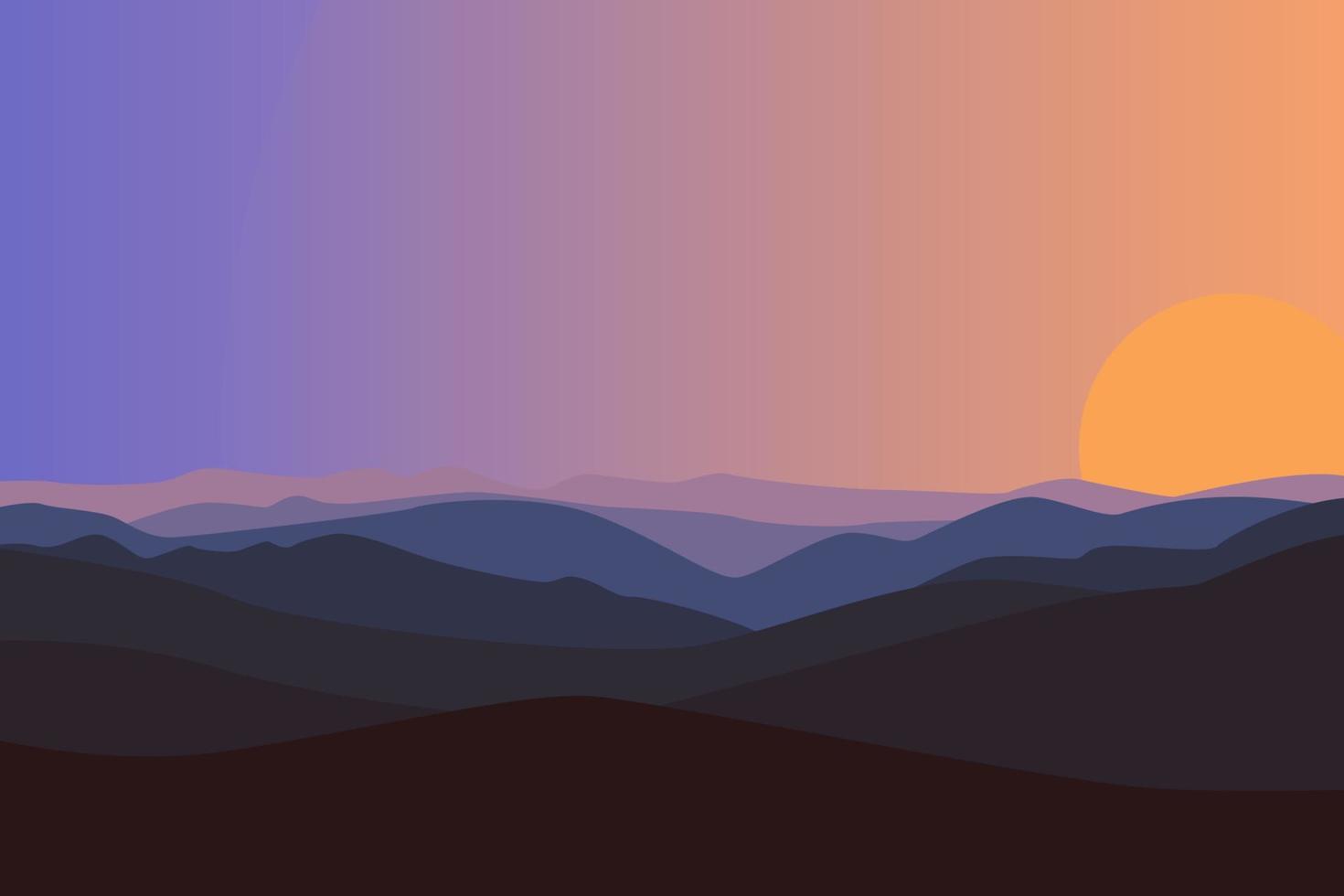 una ilustración plana de vista panorámica. hermoso paisaje tranquilo y relajante de una puesta de sol vector