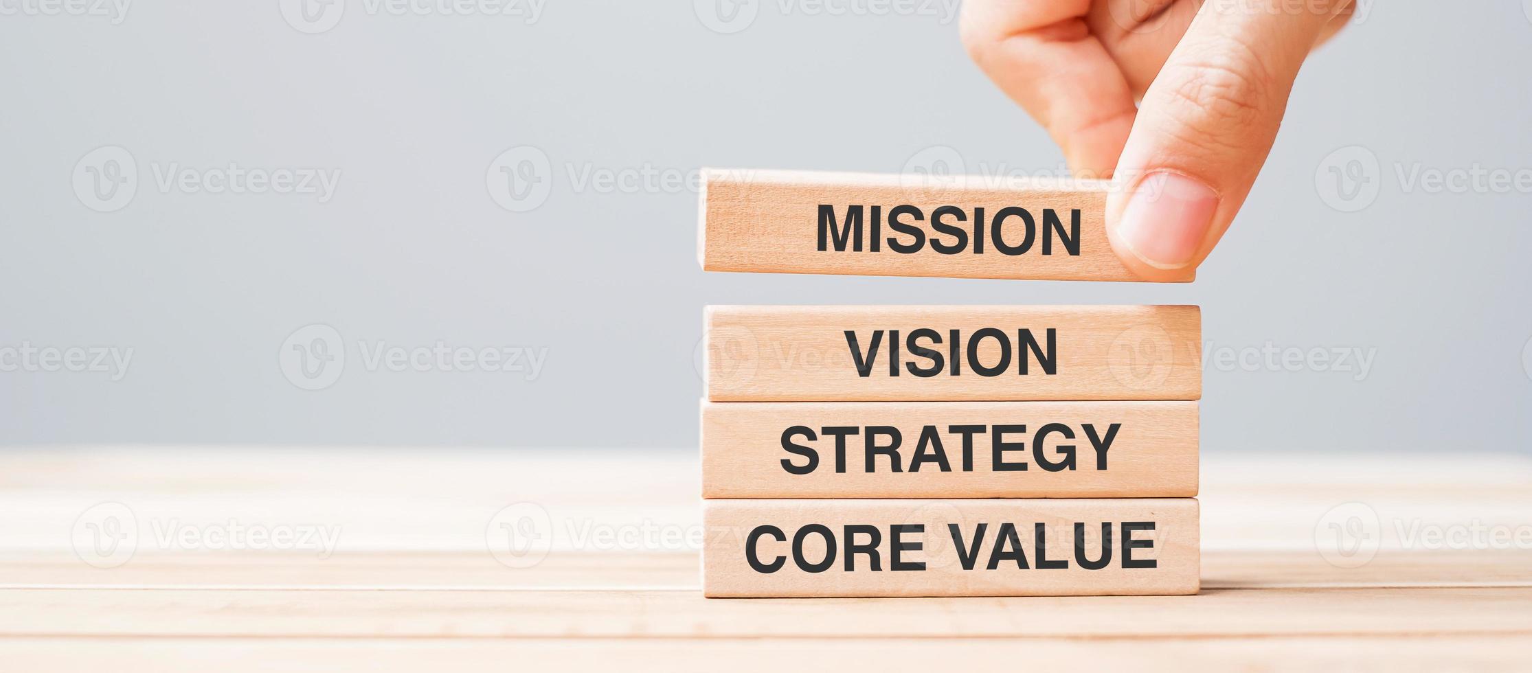 Business man hand holding wooden block with MISSION, VISION, STRATEGY and CORE VALUE text photo