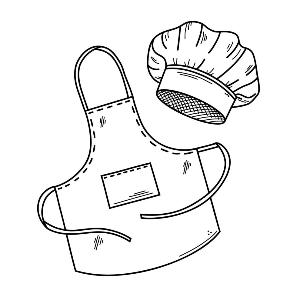 Illustration of isolated set of kitchen apron and chef hat. Doodle cooking design elements vector