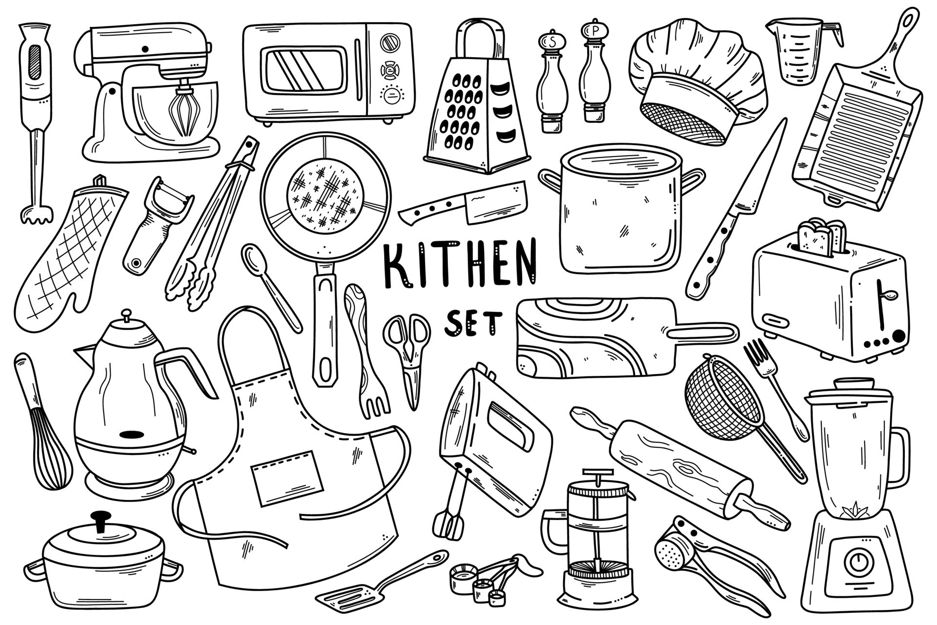 Hand drawn doodle kitchen set. Vector illustration of kitchen