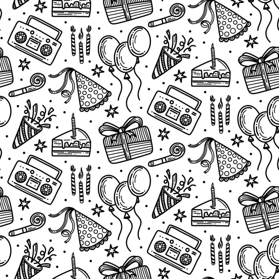 Doodles cute seamless pattern with cake, ballons and taperecorder. Happy birthday theme background vector