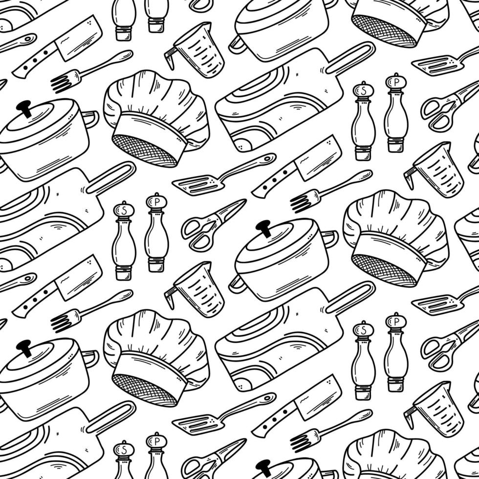 Cooking and kitchen tools seamless pattern in doodle style. Vector background with coocking tools