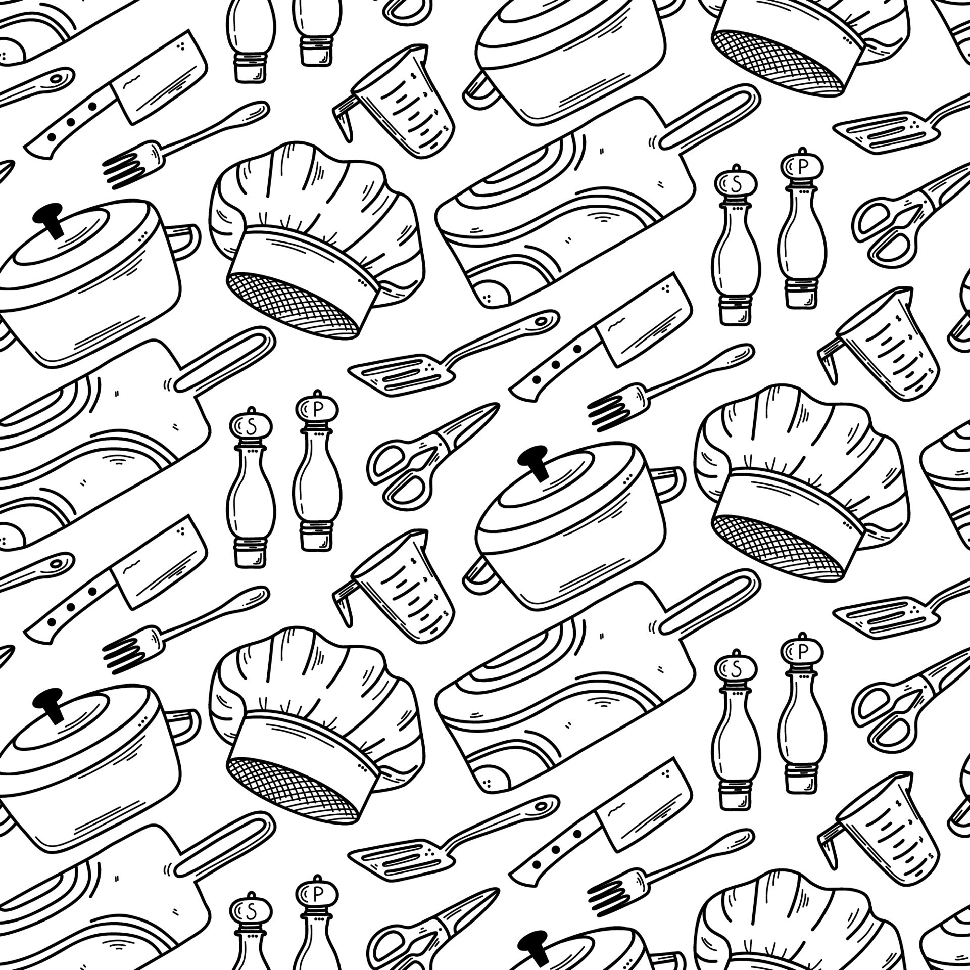 utensilios de cocina y cocina de patrones sin fisuras en estilo doodle