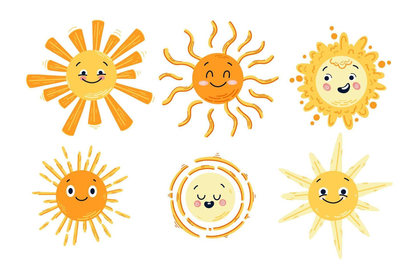 Set of hand drawn funny cute sun icon illustration. Yellow childish happy sunny collection. Smalling vector suns set isolated for print design