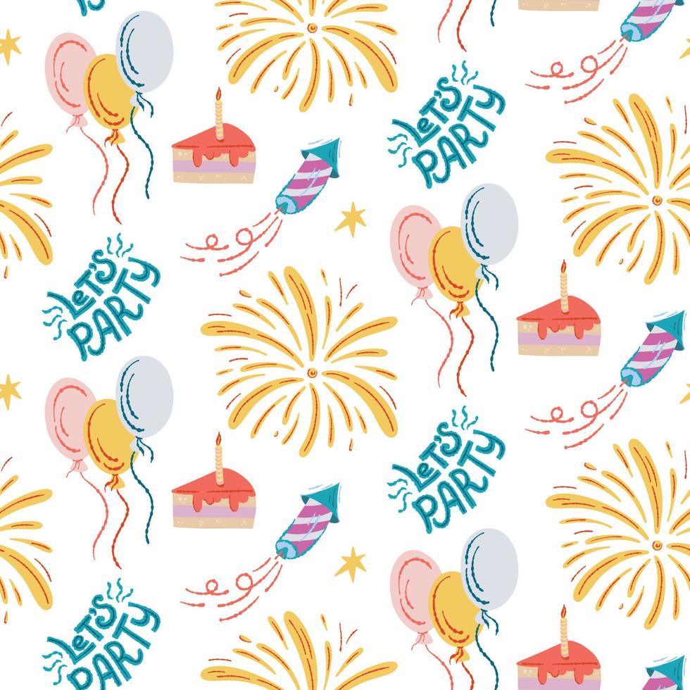 Happy birthday vector seamless pattern. Balloons, fireworks and cake on a white background