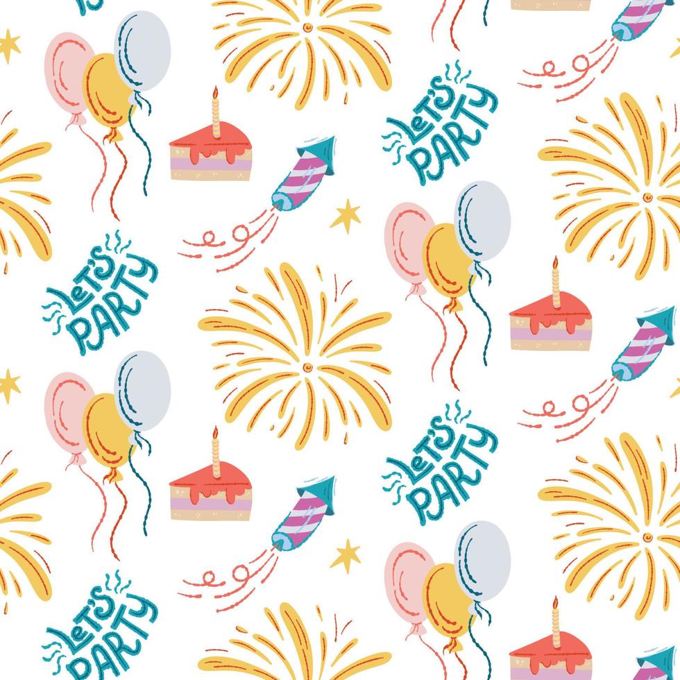 Happy birthday vector seamless pattern. Balloons, fireworks and cake on a white background