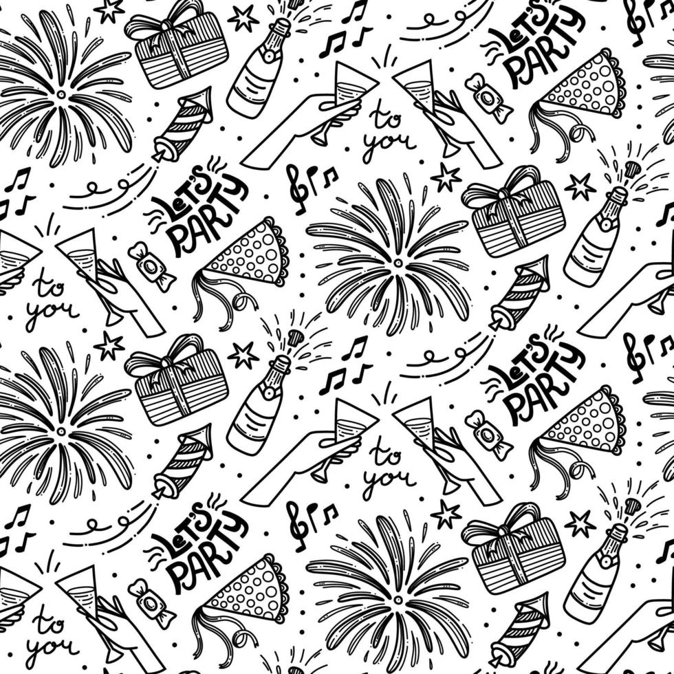 Doodles cute seamless pattern with cake, ballons and glasses. Happy birthday theme background. Party seamless vector pattern