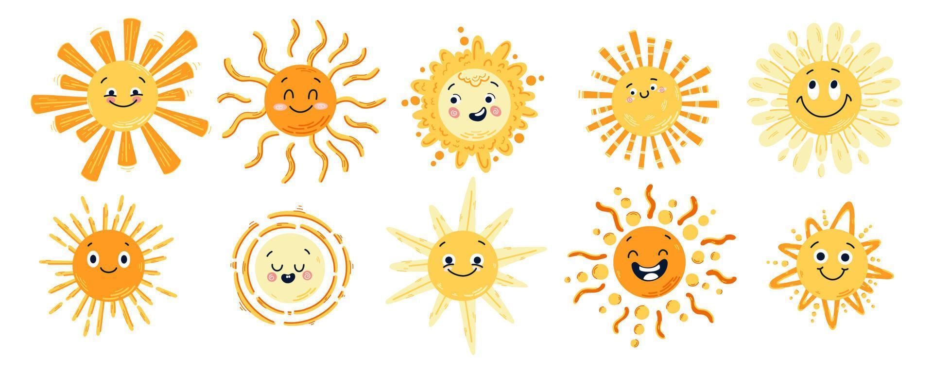 Set of hand drawn funny cute sun icon illustration. Yellow childish happy sunny collection. Smalling vector suns set isolated for print design