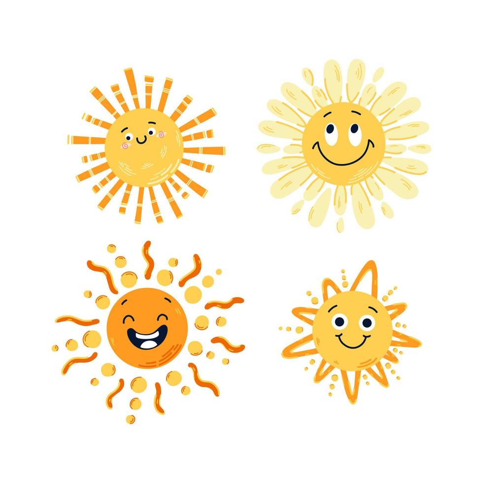 Set of hand drawn funny cute sun icon illustration. Yellow childish happy sunny collection. Smalling vector suns set isolated for print design