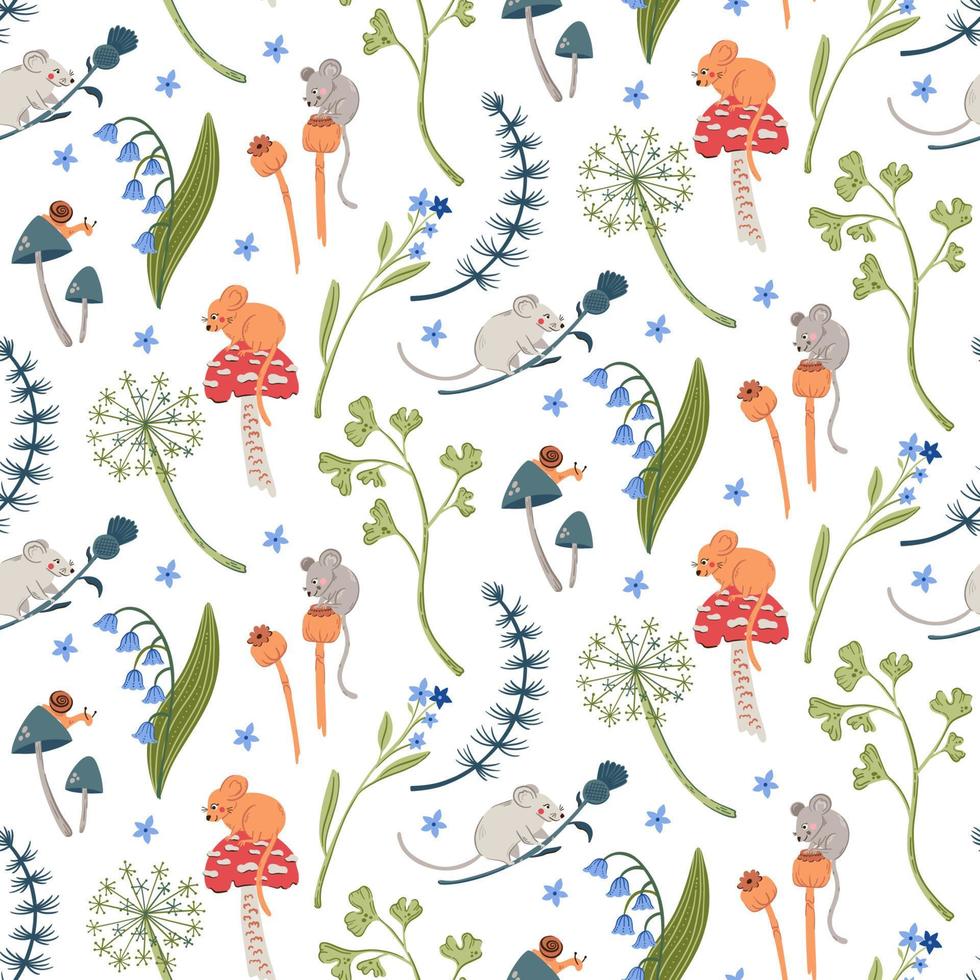 Forest seamless pattern with field mice, mushroom and floral elements. Woodland background vector