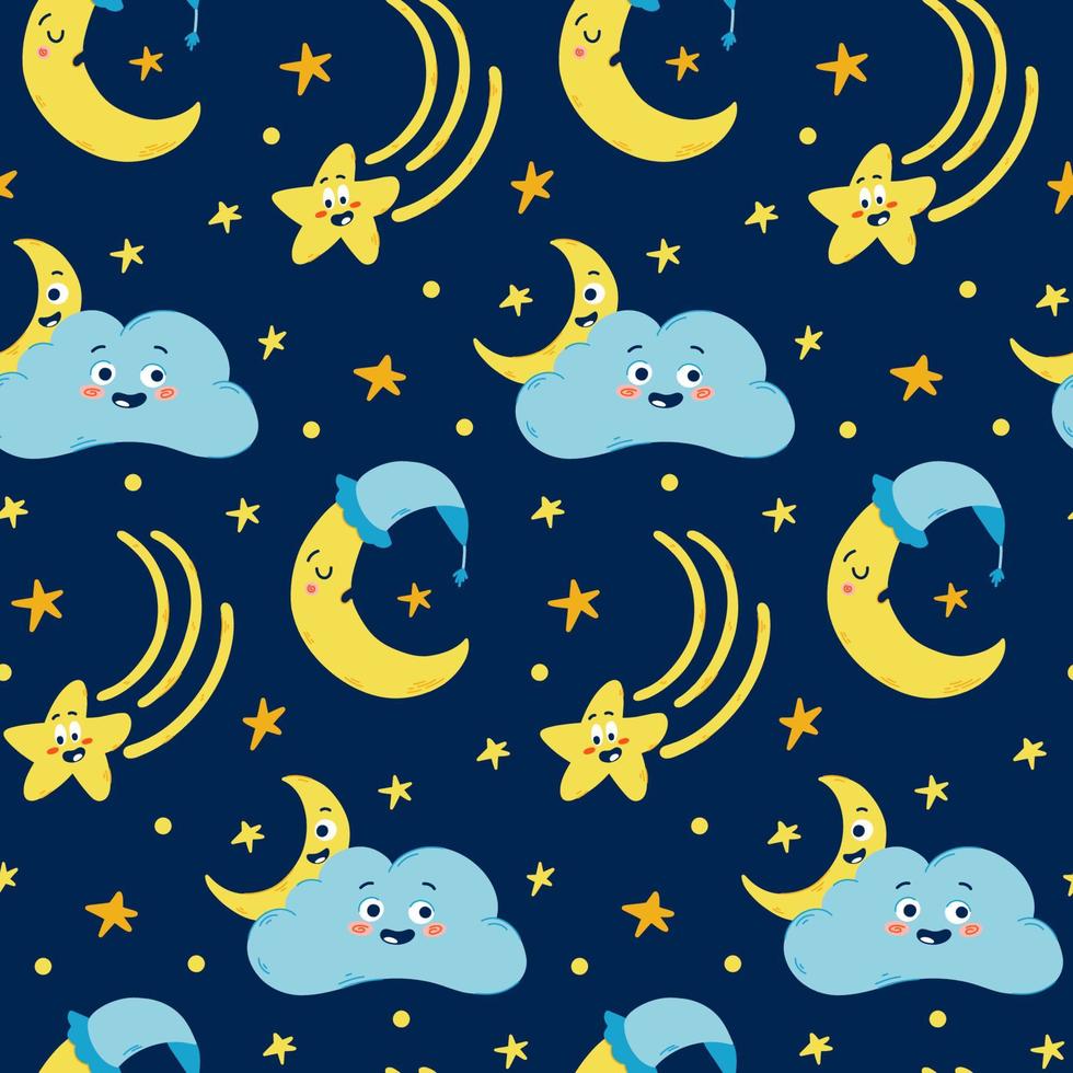 Vector hand-drawn seamless pattern for kids with cute moons and clouds in Scandinavian style. Baby pattern with night sky. Fabric design. Wallpaper. Kids room design.