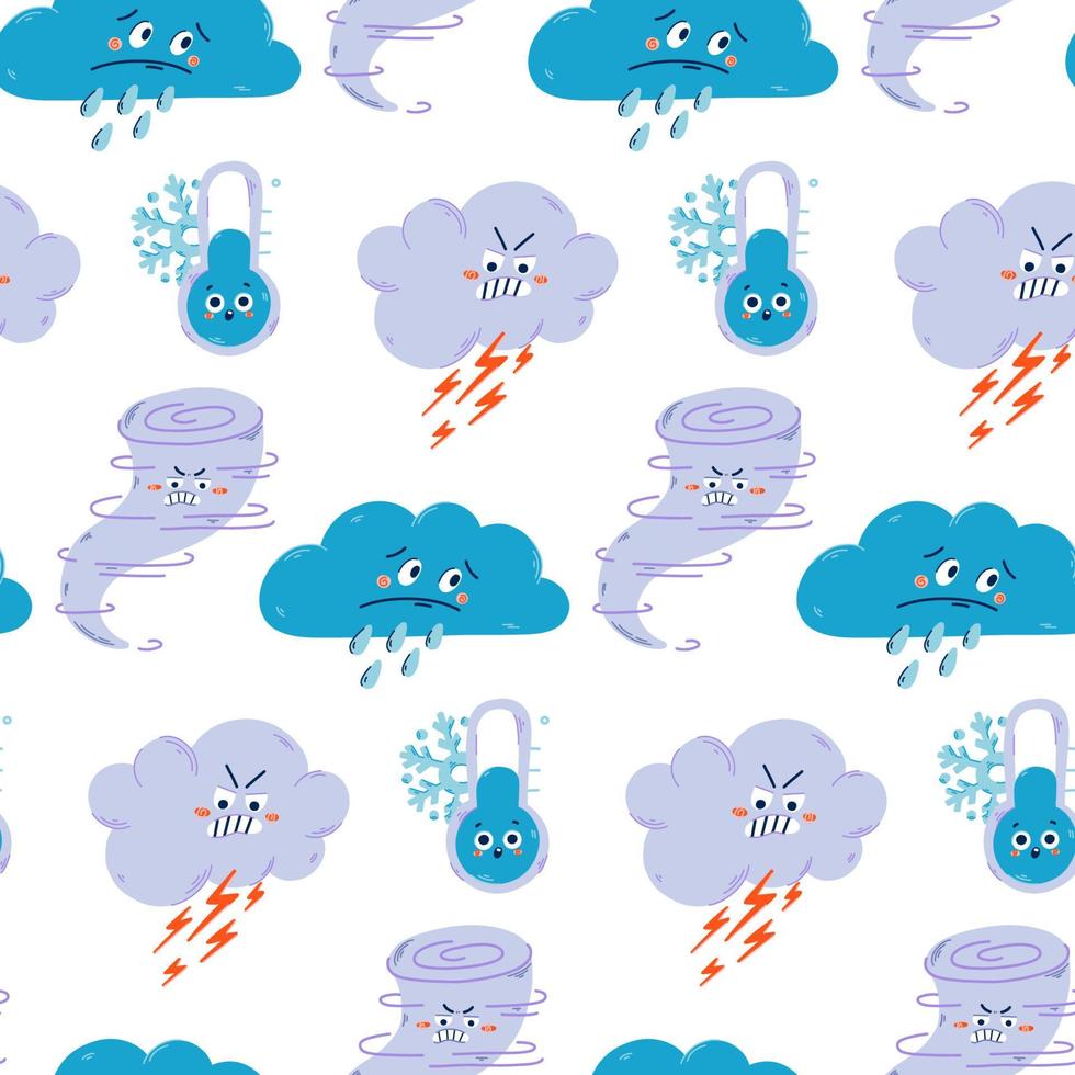 Vector hand drawn bad weather repeat pattern. Cute cloud with lightning and rain seamless pattern.
