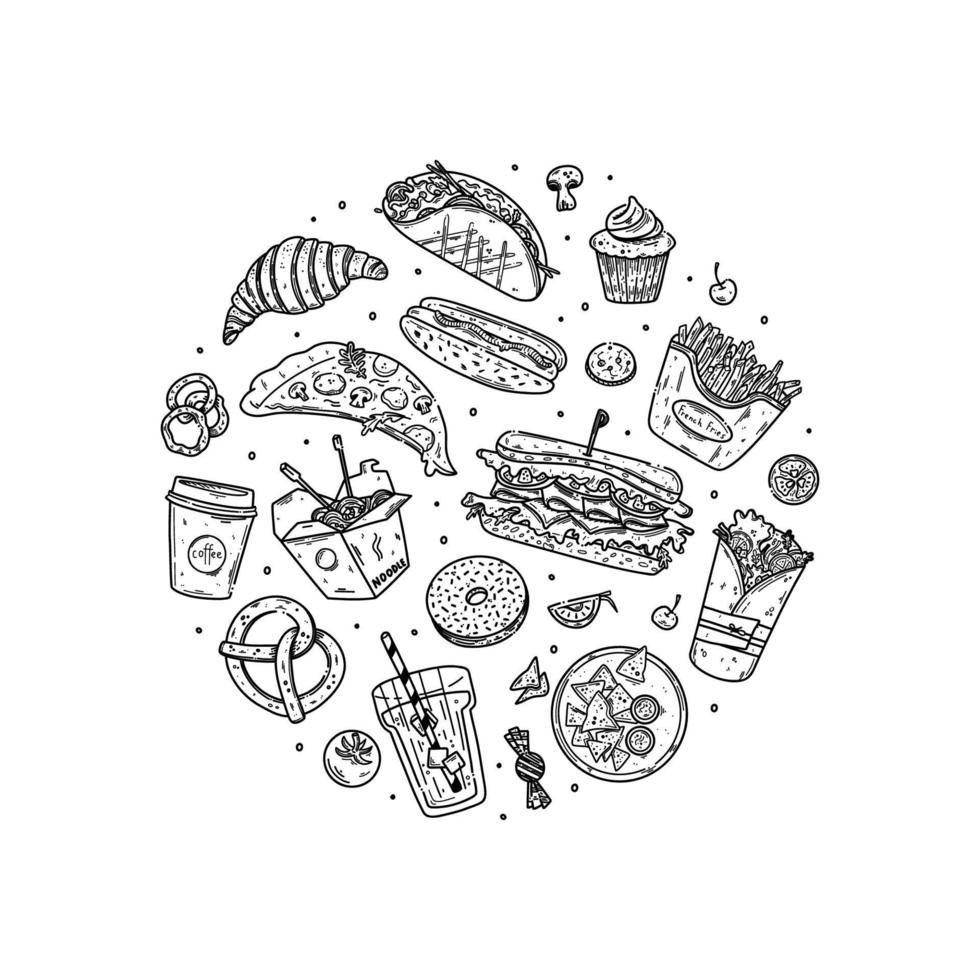 ilustración de conjunto de vectores de comida rápida en composición circular. comida chatarra al estilo garabato. comida rápida dibujada a mano para el diseño del restaurante