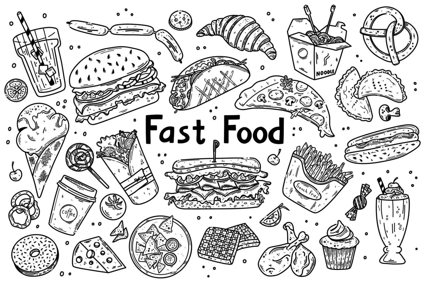 Fast food vector set illustration. Junk food in doodle style. Hand drawn collection of fast food