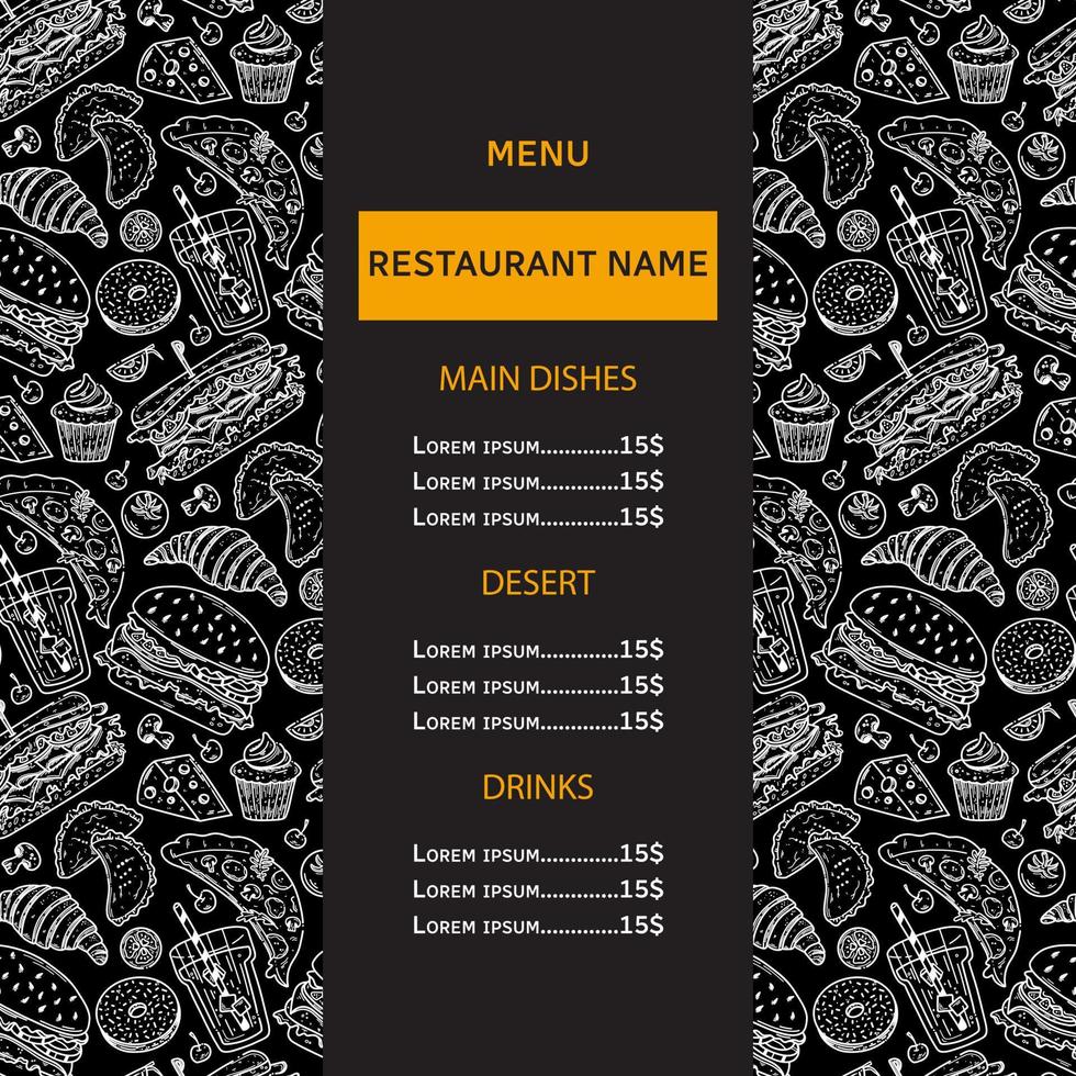 Menu fast food cafe restaurant design template. Flyer with hand-drawn graphic with junk food illustration on background. vector