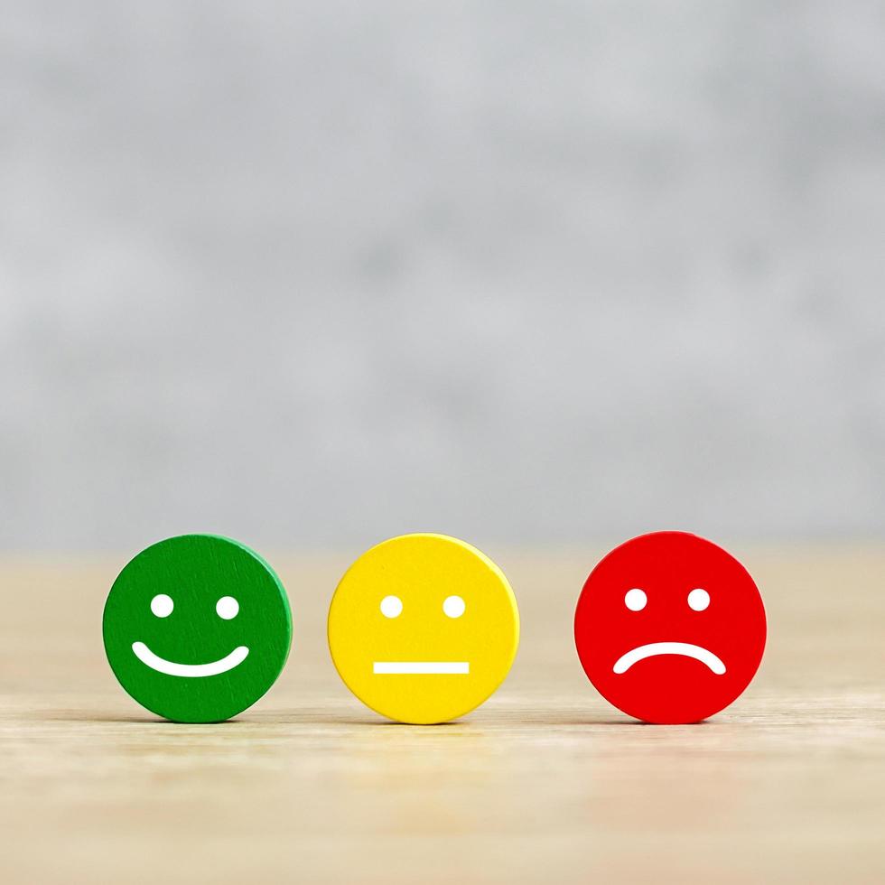 emotion face block. Customer choose Emoticon for user reviews. Service rating, ranking, customer review, satisfaction, mood, evaluation and feedback concept photo