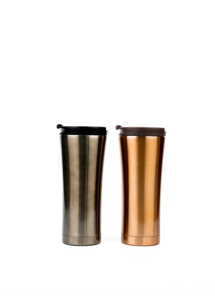 Thermos bottle isolated on white background. Coffee or tea reusable bottle container. Thermos travel tumbler. Insulated drink container. Stainless steel sport thermos water flask. Zero waste. photo