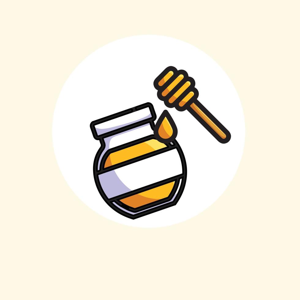 A glass pot full of honey and honey dipper. Vector illustration cartoon flat icon isolated on white.