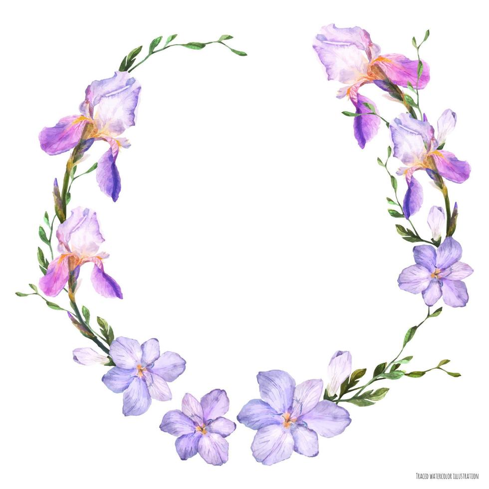 corona de acuarela decorativa con flores de iris y fresia sobre un fondo blanco vector