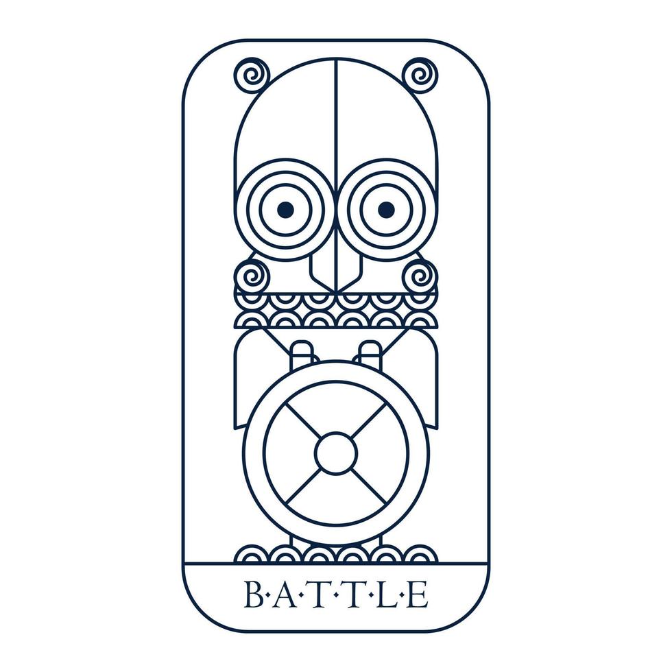 emblema de arte de línea de batalla de fantasía del norte con casco de búho vikingo y escudo y hachas. vector