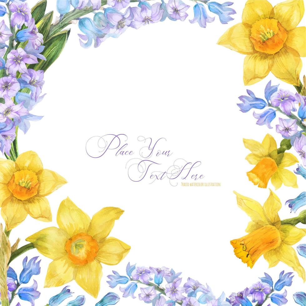 Spring watercolor frame with daffodil and hyacinth flowers on a white background, traced vector