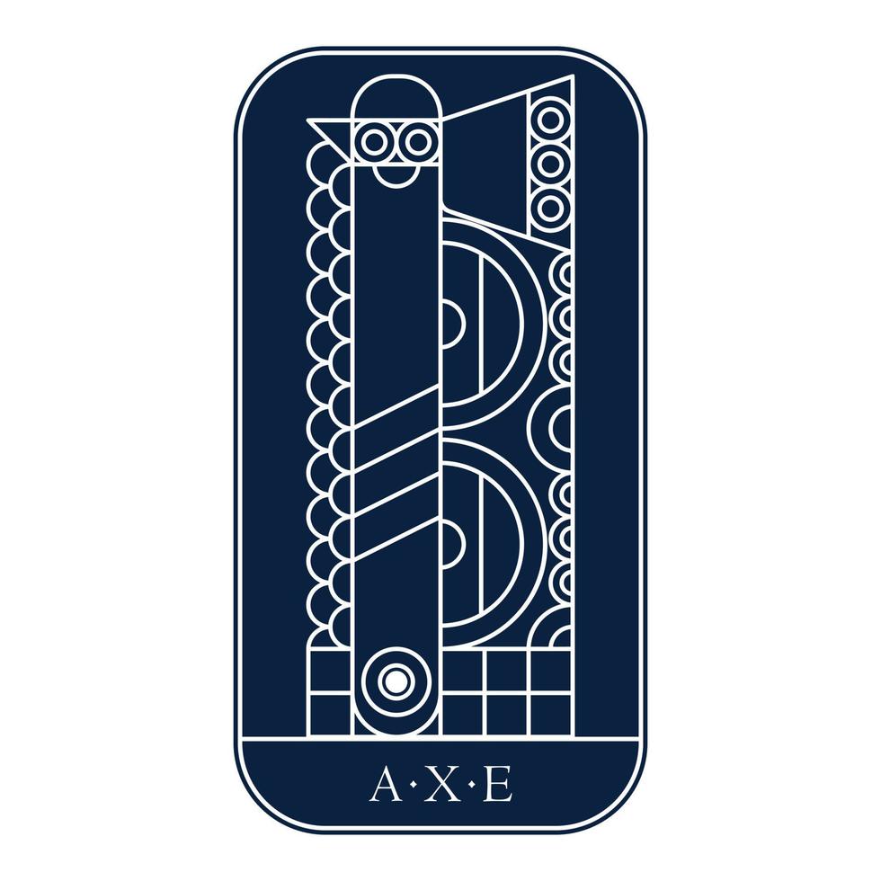 Northern fantasy battle dark blue emblem. Line art Viking axe and shield and chain mail vector