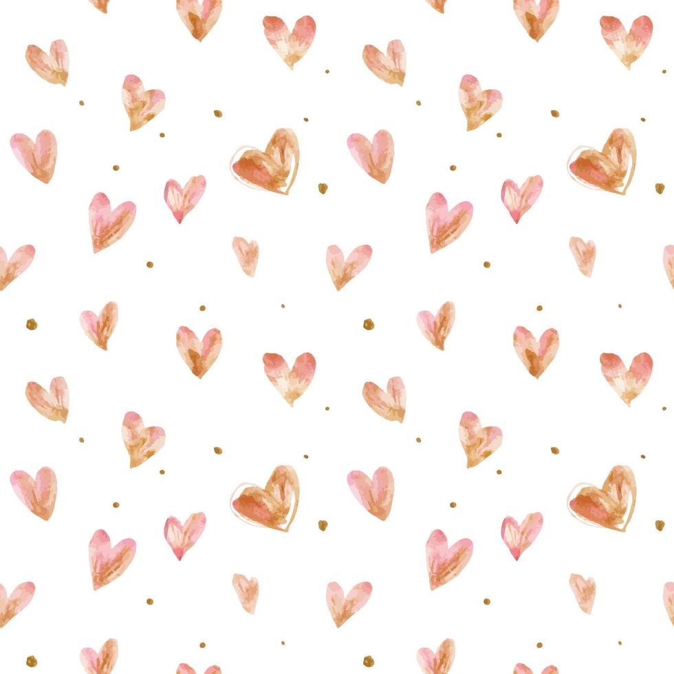 Seamless pattern with a romantic traced light pink watercolor hearts and golden dots vector