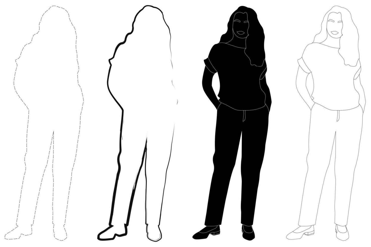 Sketch outline of the silhouette of a girl in a fashionable suit standing. Doodle black and white line drawing. vector