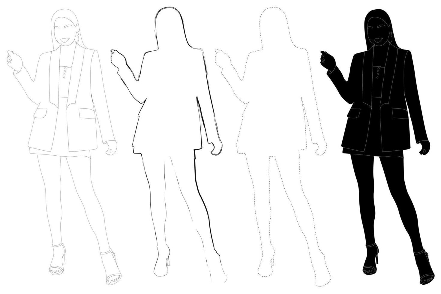 Sketch outline of the silhouette of a girl in a fashionable suit standing. Doodle black and white line drawing. vector