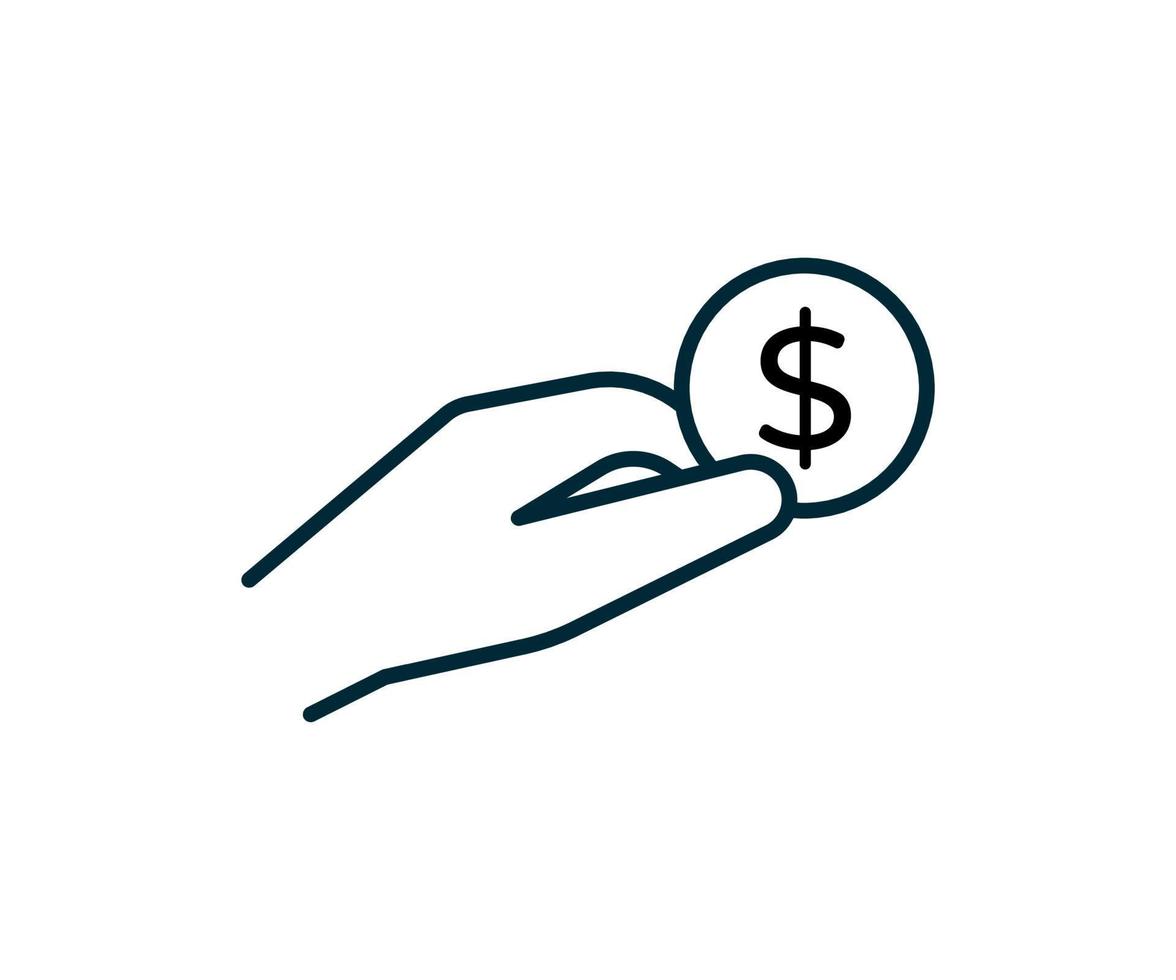 Money coin in hand line icon, salary money, price or cost. Hand holding dollar. Invest finance, save, wage. Vector