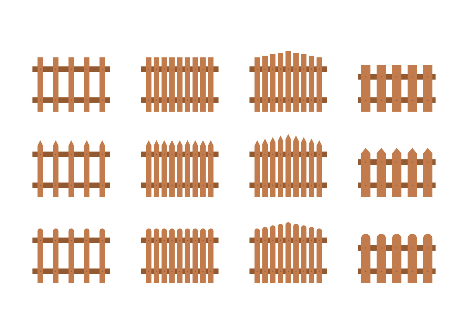 Brown wood fences, wooden decorative border, graphic boundary. Garden