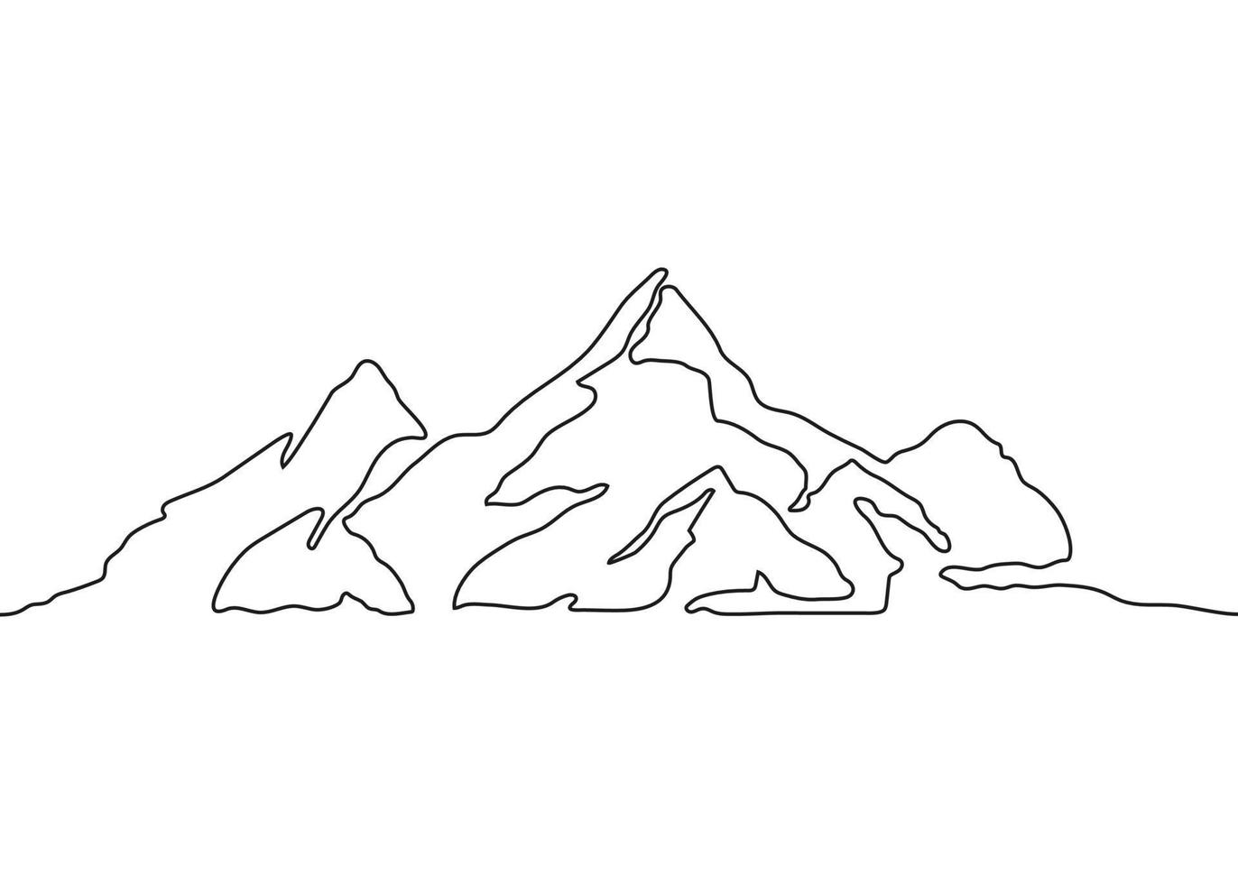 Mountain landscape, one continuous line art drawing. Chain of mountain, hill, nature in simple contour outline. Vector illustration