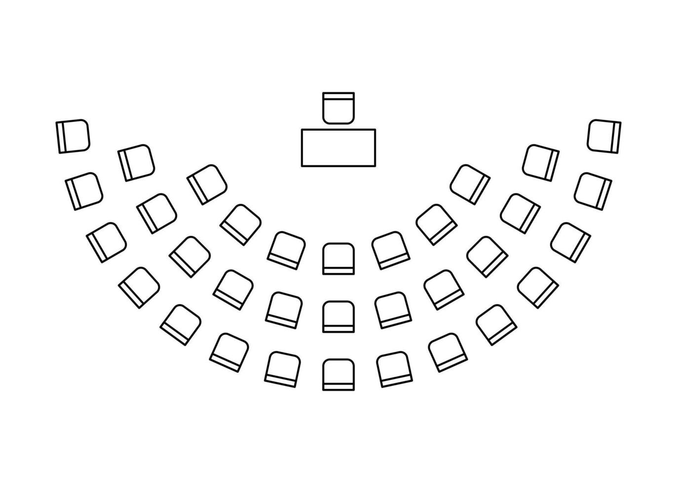 Plan for arranging chairs semicircle in interior, map seats amphitheater, layout graphic outline. Business, education, government furniture symbols in scheme architectural plan, top view. Vector line