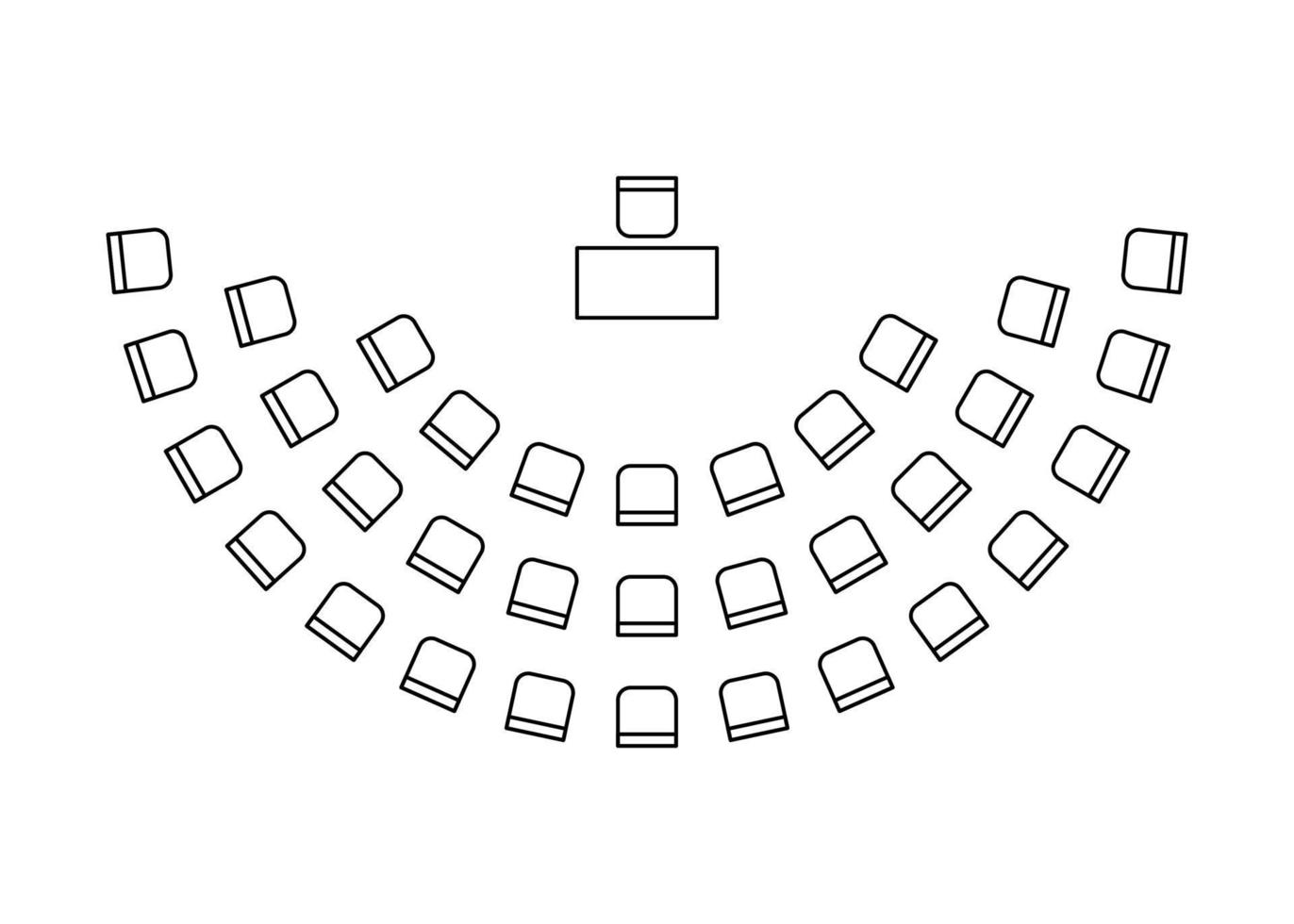 plan para organizar sillas en semicírculo en el interior, anfiteatro de asientos de mapa, esquema gráfico de diseño. negocios, educación, símbolos de muebles gubernamentales en el plan arquitectónico del esquema, vista superior. línea vectorial vector