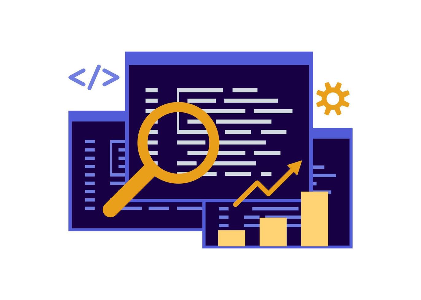 SEO optimization, meta data description. Script coding and programming on language, hypertext code. Search engine optimization and analytics tags on web. Search screen with magnifier. Vector