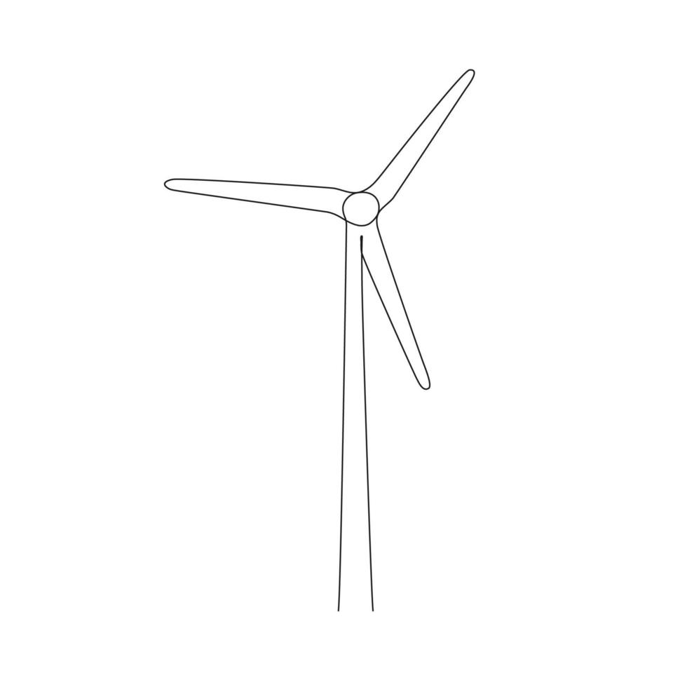 Wind mill, wind generator energy, single continuous line art drawing. Windmill tower save ecology green energy electricity. Generate turbine one sketch outline. Vector illustration