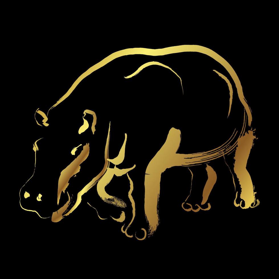 pintura de trazo de pincel dorado de hipopótamo sobre negro vector