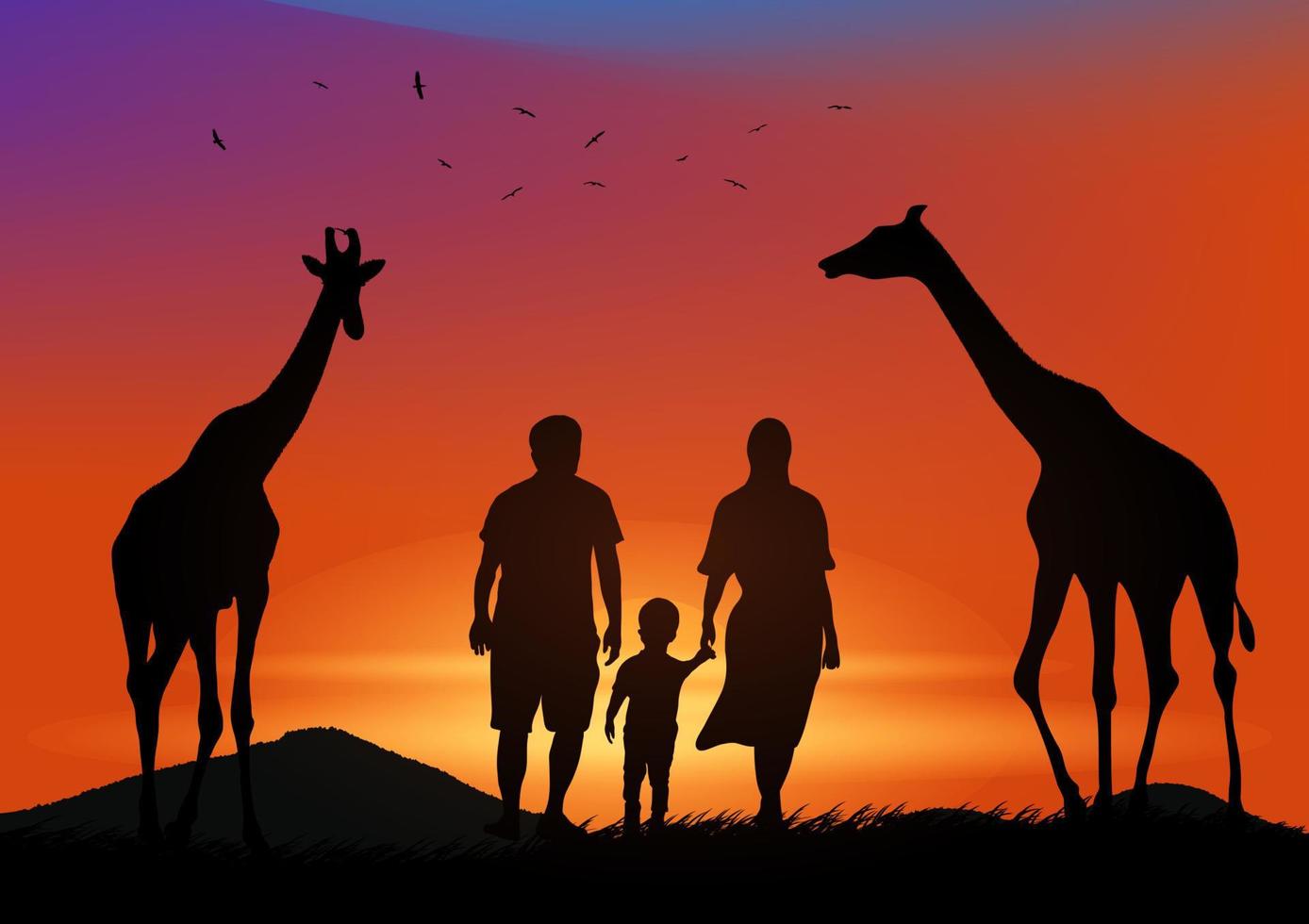 graphics landscape view father mother and son with a giraffe at the forest with mountain background and twilight silhouette vector illustration