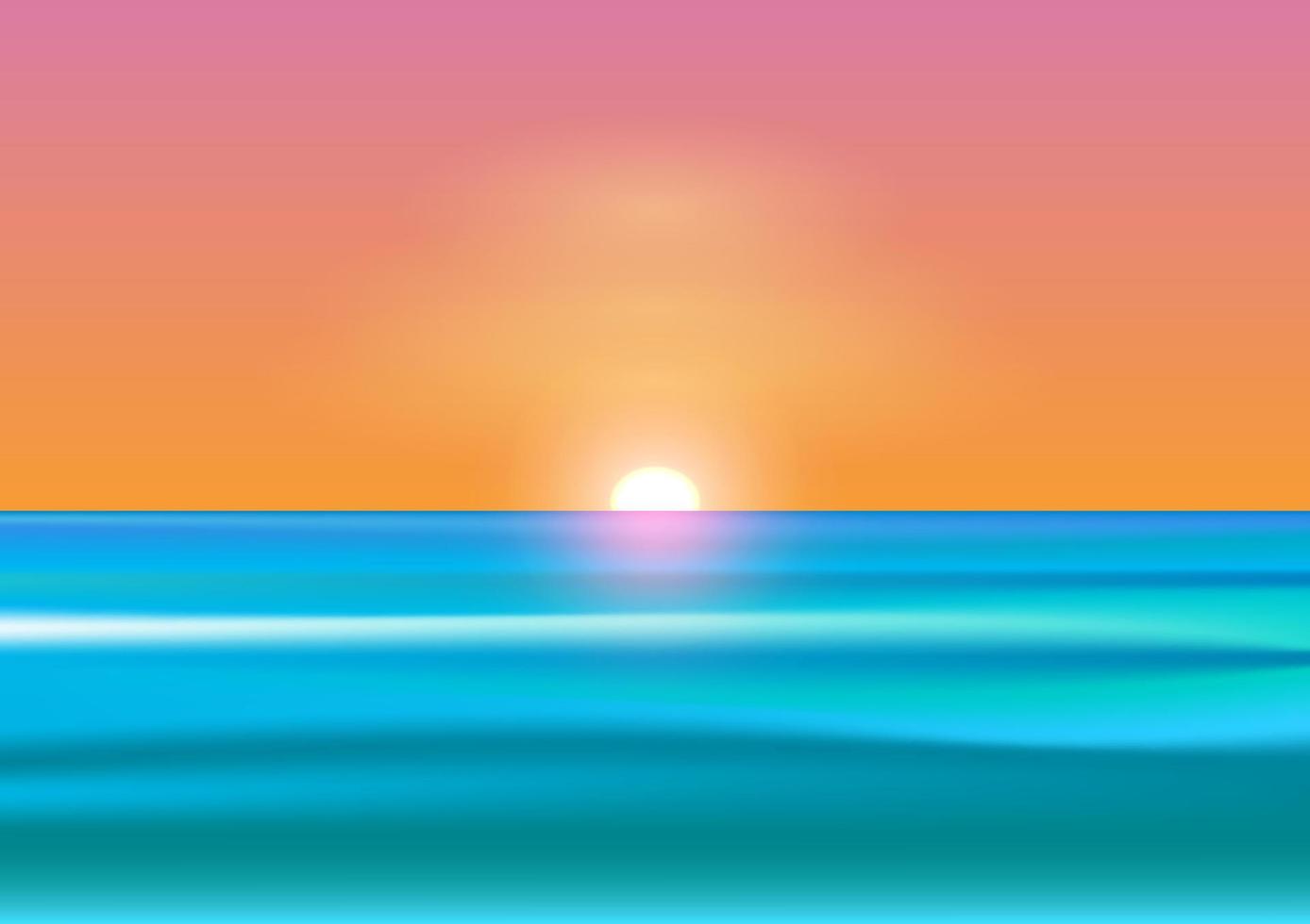 gráficos que dibujan la vista del paisaje del océano y la puesta de sol y el crepúsculo de la luz en la ilustración del vector de playa