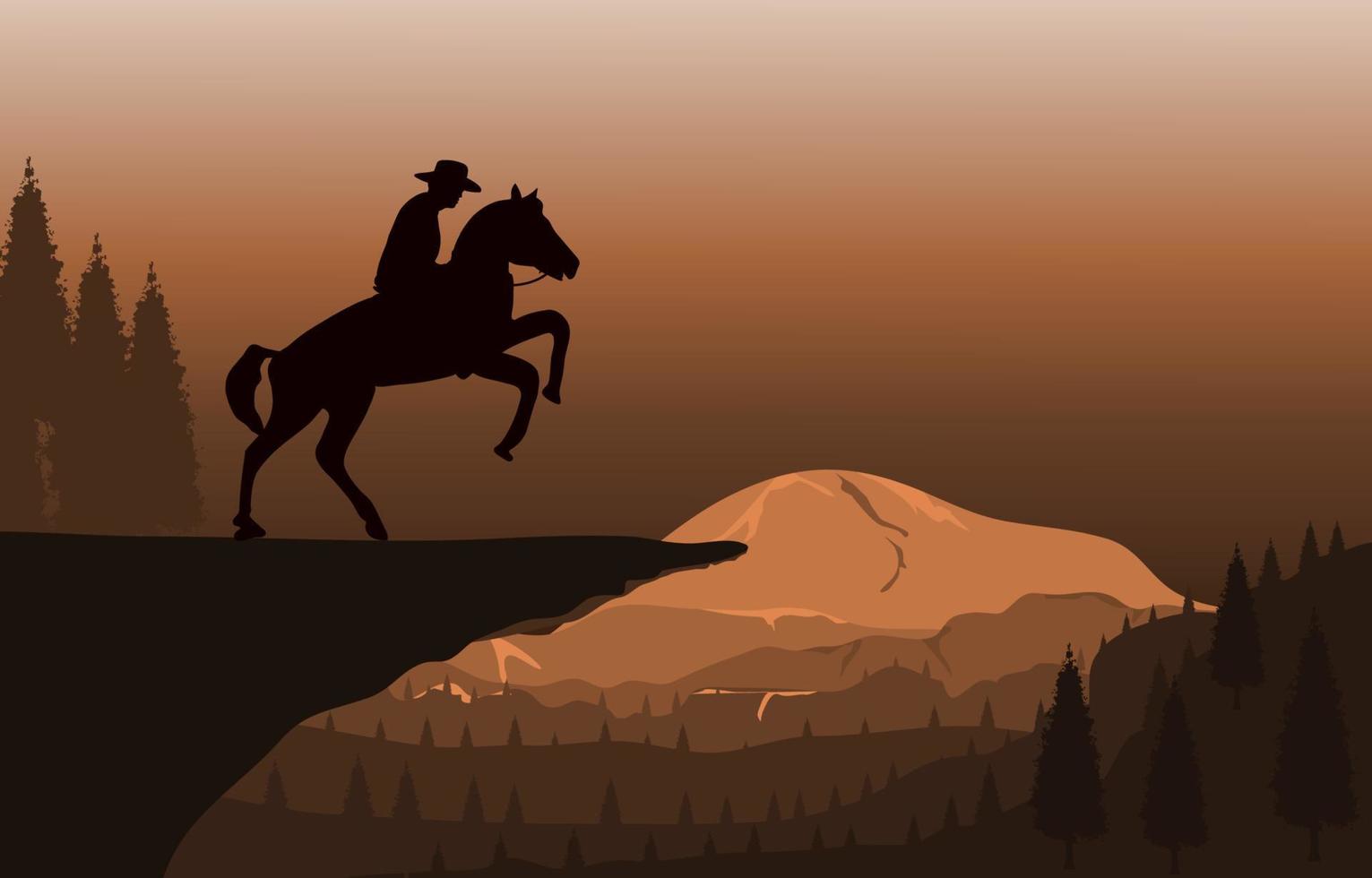 imagen gráfica del hombre montar a caballo en el crepúsculo de la silueta de la montaña con fondo de montaña, ilustración vectorial de diseño vector