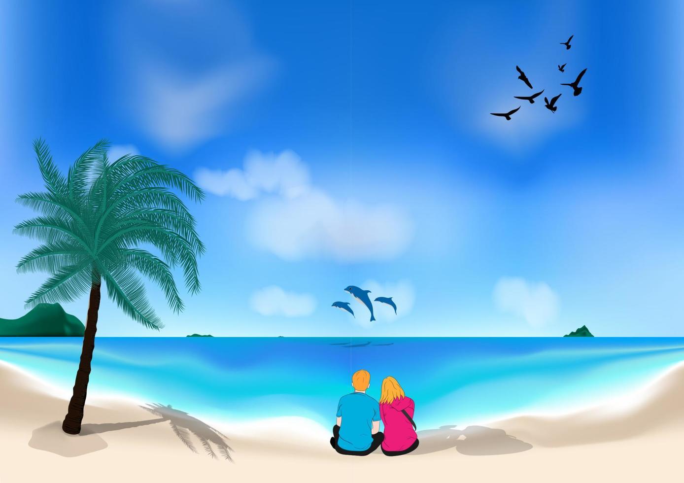 imagen gráfica una pareja de hombres y mujeres sentados en la playa diseño ilustración vectorial vector