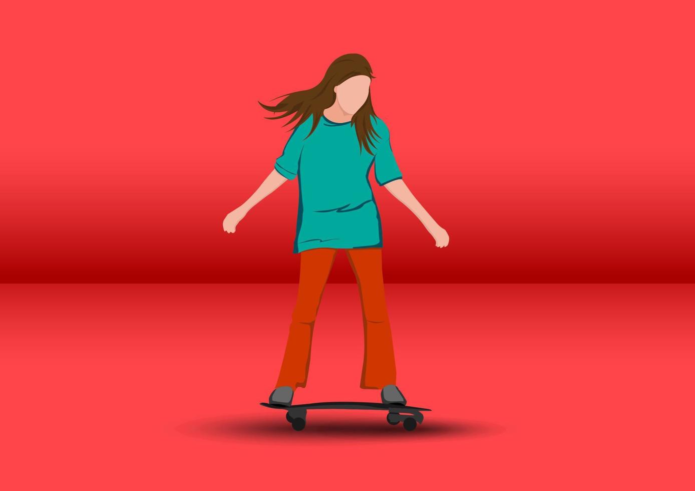 imagen gráfica chica personaje de dibujos animados montando una patineta o surf patinando de pie rojo fondo vector ilustración